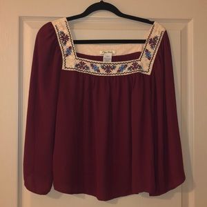 Embroidered quarter sleeve burgundy top